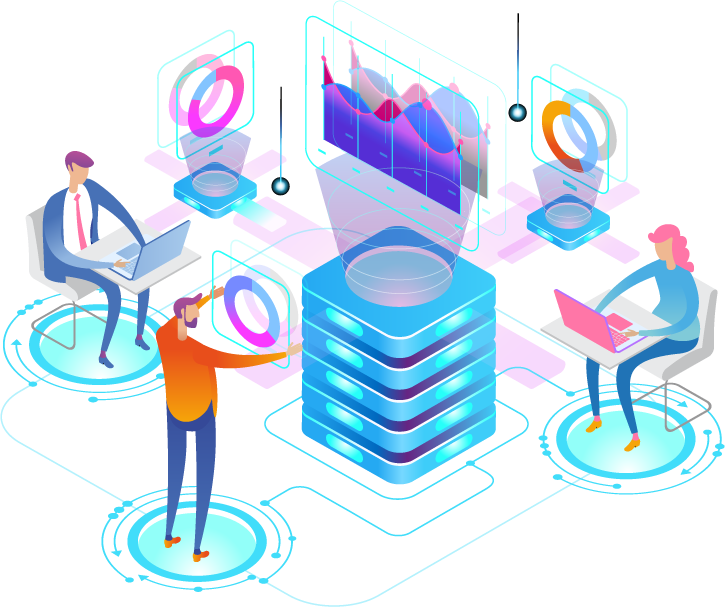 A vibrant graphic showing workers collaborating in an office environment
