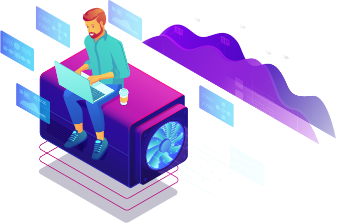 A worker with a laptop sitting on top of an engine